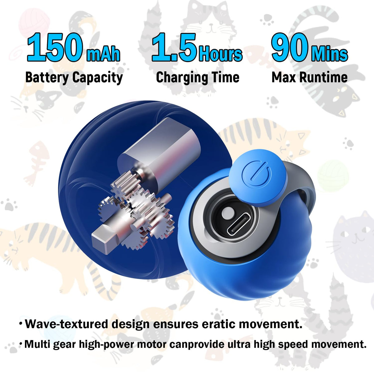 Detailweergave van accu en motor: 150 mAh, 1,5 uur laden en tot 90 minuten speeltijd