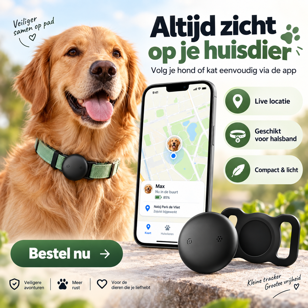 Bluetooth Huisdiertracker met Halsbandhouder (Apple Find My & Google Find Hub)